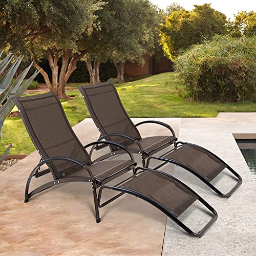 Crestlive Products Aluminum Outdoor Folding Reclining Rocking Chaise Lounge Chair, Adjustable Portable Sun Tanning Lounger, All Weather in Brown Finish for Lawn, Patio, Deck, Poolside (2 PCS Brown)