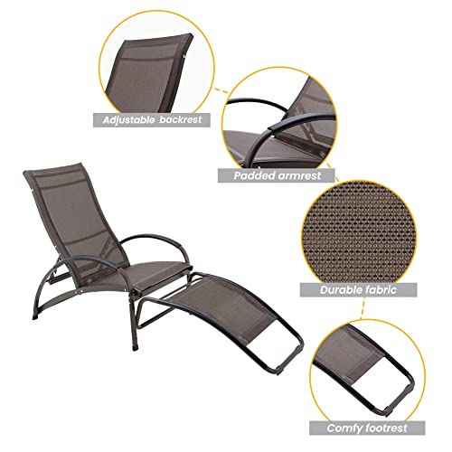 Crestlive Products Aluminum Outdoor Folding Reclining Rocking Chaise Lounge Chair, Adjustable Portable Sun Tanning Lounger, All Weather in Brown Finish for Lawn, Patio, Deck, Poolside (2 PCS Brown)