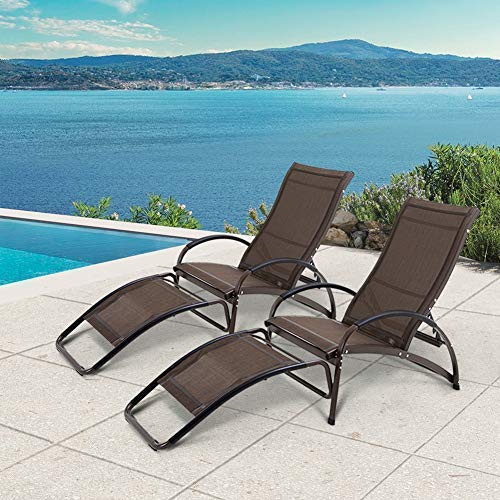 Crestlive Products Aluminum Outdoor Folding Reclining Rocking Chaise Lounge Chair, Adjustable Portable Sun Tanning Lounger, All Weather in Brown Finish for Lawn, Patio, Deck, Poolside (2 PCS Brown)