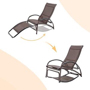 Crestlive Products Aluminum Outdoor Folding Reclining Rocking Chaise Lounge Chair, Adjustable Portable Sun Tanning Lounger, All Weather in Brown Finish for Lawn, Patio, Deck, Poolside (2 PCS Brown)