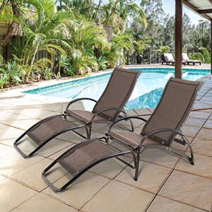 Crestlive Products Aluminum Outdoor Folding Reclining Rocking Chaise Lounge Chair, Adjustable Portable Sun Tanning Lounger, All Weather in Brown Finish for Lawn, Patio, Deck, Poolside (2 PCS Brown)