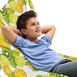 lunarable fruits lounger chair bag, pattern with slice orange, kiwi and lemon water drops vegetation gastronomic, high capacity storage with handle container, lounger size, apple green yellow