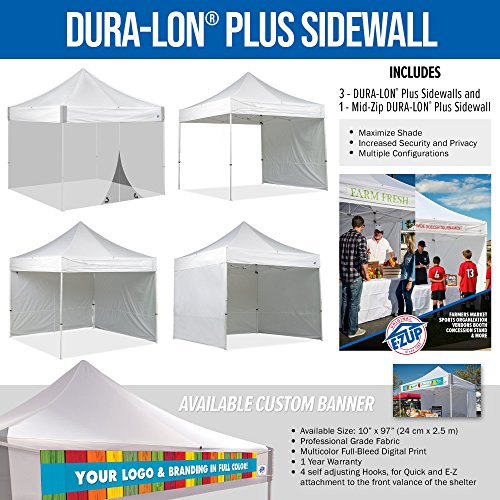 E-Z UP ES100S Instant Commercial Canopy, 10' x 10' with 3 Sidewalls, 1 Mid-Zip Sidewall and Wide-Trax Roller Bag, White