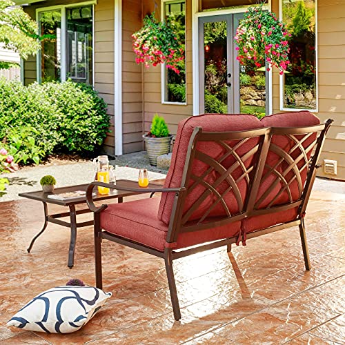 PatioFestival Patio Loveseat Bench 2-Person 6.3 Inch Cushioned Outdoor Sofa with Coffee Table All Weather Steel Frame