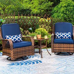 PHI VILLA Oversized Outdoor Swivel Rocker Patio Chairs Set 3 Piece with 1 Table and 2 Heavy-Duty Rocking & Swivel Chairs Support 350lbs Rattan Navy Blue Outdoor Furniture Patio Conversation Set