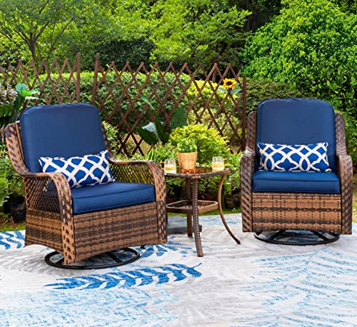 PHI VILLA Oversized Outdoor Swivel Rocker Patio Chairs Set 3 Piece with 1 Table and 2 Heavy-Duty Rocking & Swivel Chairs Support 350lbs Rattan Navy Blue Outdoor Furniture Patio Conversation Set