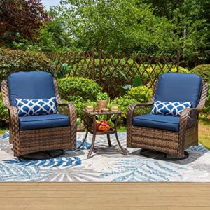 PHI VILLA Oversized Outdoor Swivel Rocker Patio Chairs Set 3 Piece with 1 Table and 2 Heavy-Duty Rocking & Swivel Chairs Support 350lbs Rattan Navy Blue Outdoor Furniture Patio Conversation Set