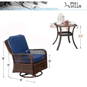 PHI VILLA Oversized Outdoor Swivel Rocker Patio Chairs Set 3 Piece with 1 Table and 2 Heavy-Duty Rocking & Swivel Chairs Support 350lbs Rattan Navy Blue Outdoor Furniture Patio Conversation Set