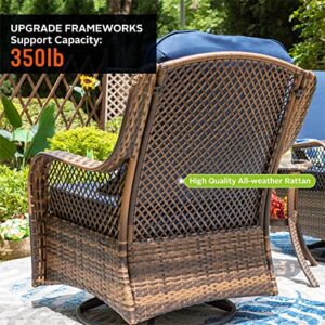 PHI VILLA Oversized Outdoor Swivel Rocker Patio Chairs Set 3 Piece with 1 Table and 2 Heavy-Duty Rocking & Swivel Chairs Support 350lbs Rattan Navy Blue Outdoor Furniture Patio Conversation Set