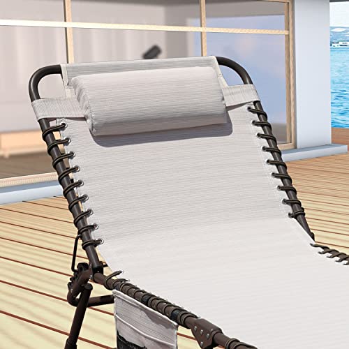GOLDSUN Foldable Patio Chaise Lounge Chair for Outdoor with Detachable Pocket and Pillow, Portable Adjustable Sun Lounger Recliner for Beach, Camping and Pool-Beige（1pack