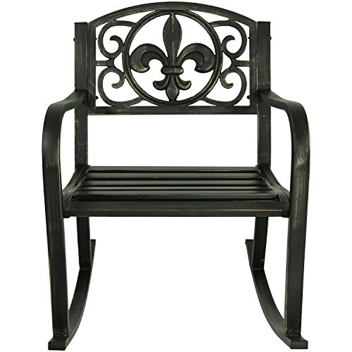 Sunnydaze Outdoor Rocking Chair - Durable Cast Iron and Steel Construction - Traditional Fleur-de-Lis Design - Outside Front Porch Furniture - Perfect Chair for Patio, Deck, Backyard or Garden