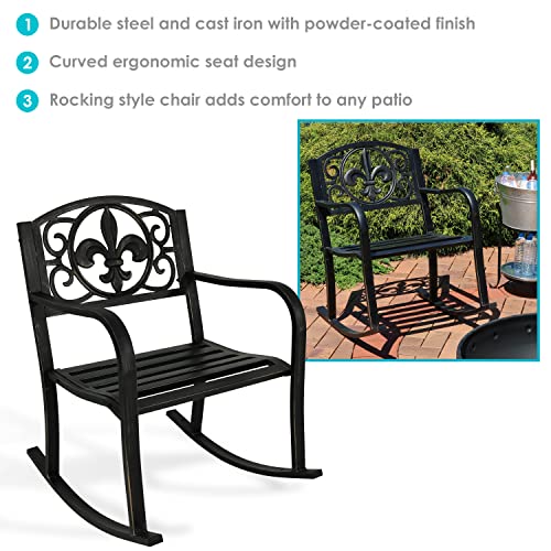 Sunnydaze Outdoor Rocking Chair - Durable Cast Iron and Steel Construction - Traditional Fleur-de-Lis Design - Outside Front Porch Furniture - Perfect Chair for Patio, Deck, Backyard or Garden