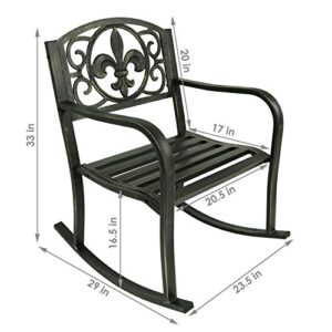 Sunnydaze Outdoor Rocking Chair - Durable Cast Iron and Steel Construction - Traditional Fleur-de-Lis Design - Outside Front Porch Furniture - Perfect Chair for Patio, Deck, Backyard or Garden