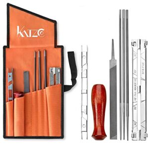 katzco chainsaw sharpener file kit – contains 5/32, 3/16, and 7/32 inch files, wood handle, depth gauge, filing guide, and tool pouch – for sharpening and filing chainsaws and other blades