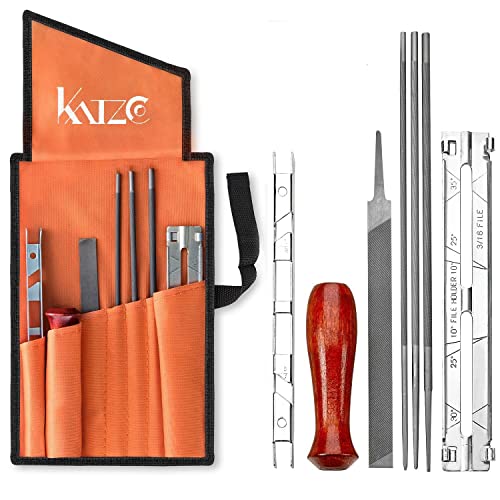 Katzco Chainsaw Sharpener File Kit - Contains 5/32, 3/16, and 7/32 Inch Files, Wood Handle, Depth Gauge, Filing Guide, and Tool Pouch - for Sharpening and Filing Chainsaws and Other Blades