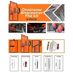 Katzco Chainsaw Sharpener File Kit - Contains 5/32, 3/16, and 7/32 Inch Files, Wood Handle, Depth Gauge, Filing Guide, and Tool Pouch - for Sharpening and Filing Chainsaws and Other Blades