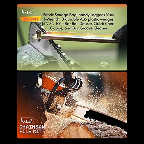 Katzco Chainsaw Sharpener File Kit - Contains 5/32, 3/16, and 7/32 Inch Files, Wood Handle, Depth Gauge, Filing Guide, and Tool Pouch - for Sharpening and Filing Chainsaws and Other Blades