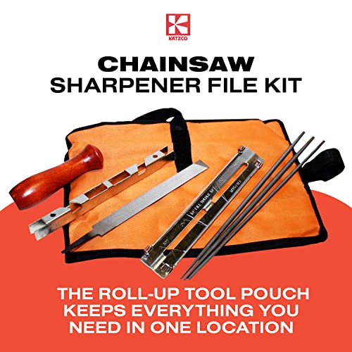 Katzco Chainsaw Sharpener File Kit - Contains 5/32, 3/16, and 7/32 Inch Files, Wood Handle, Depth Gauge, Filing Guide, and Tool Pouch - for Sharpening and Filing Chainsaws and Other Blades