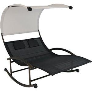 sunnydaze outdoor double chaise rocking lounge chair with canopy shade and headrest pillows, portable patio sun lounger, black