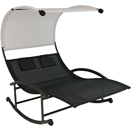 Sunnydaze Outdoor Double Chaise Rocking Lounge Chair with Canopy Shade and Headrest Pillows, Portable Patio Sun Lounger, Black