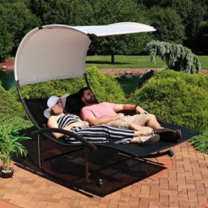 Sunnydaze Outdoor Double Chaise Rocking Lounge Chair with Canopy Shade and Headrest Pillows, Portable Patio Sun Lounger, Black