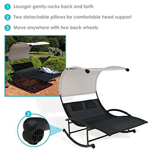 Sunnydaze Outdoor Double Chaise Rocking Lounge Chair with Canopy Shade and Headrest Pillows, Portable Patio Sun Lounger, Black