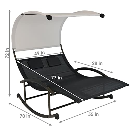 Sunnydaze Outdoor Double Chaise Rocking Lounge Chair with Canopy Shade and Headrest Pillows, Portable Patio Sun Lounger, Black