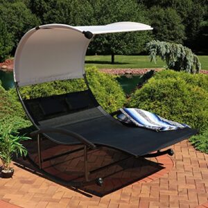 Sunnydaze Outdoor Double Chaise Rocking Lounge Chair with Canopy Shade and Headrest Pillows, Portable Patio Sun Lounger, Black