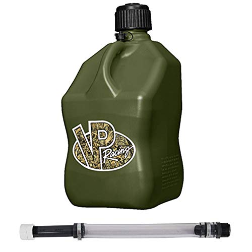 VP Racing Fuels 5 Gallon Square Motorsport Utility Container Camo w/ 14 Inch Deluxe Filler Hose Close-Trimmed Cap and Neck for Tight Seal