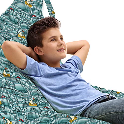 Lunarable Ship Lounger Chair Bag, Hand Drawn Ocean Illustration with Abstract Blue Waves Life Sailboats, High Capacity Storage with Handle Container, Lounger Size, Turquoise Yellow Red