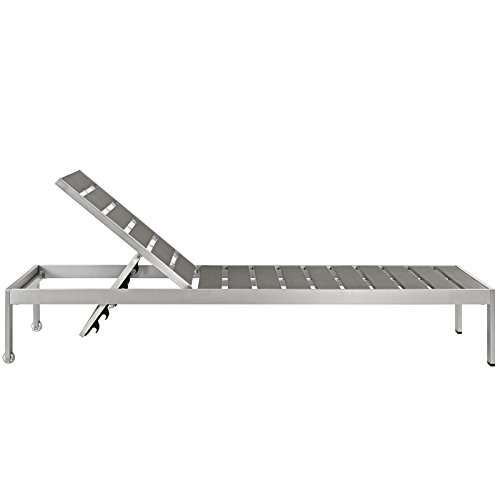 Modway Shore Aluminum Outdoor Patio Two Chaise Lounge Chair and Side End Table in Silver Gray