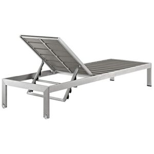 Modway Shore Aluminum Outdoor Patio Two Chaise Lounge Chair and Side End Table in Silver Gray