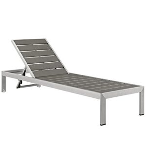 Modway Shore Aluminum Outdoor Patio Two Chaise Lounge Chair and Side End Table in Silver Gray