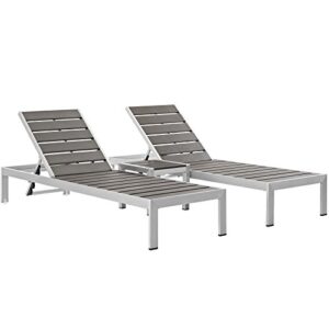 Modway Shore Aluminum Outdoor Patio Two Chaise Lounge Chair and Side End Table in Silver Gray