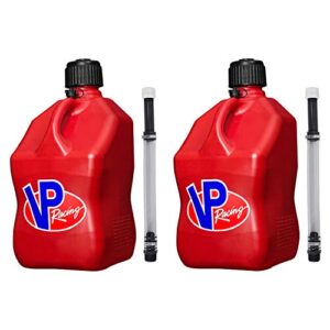 vp racing fuels motorsport 5 gallon plastic utility jug red w/ deluxe 14 inch hose kit (2 pack) fits most automotive gas tanks and has built-in filter