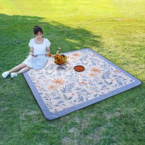 DEWUR Picnic Blankets 79"x79" Extra Large Outdoor Blanket Beach Blanket Waterproof SandProof Picnic Mat Washable Foldable Portable for Grass Lawn Beach Camping (White with Flowers)