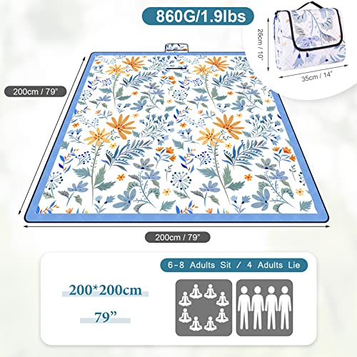 DEWUR Picnic Blankets 79"x79" Extra Large Outdoor Blanket Beach Blanket Waterproof SandProof Picnic Mat Washable Foldable Portable for Grass Lawn Beach Camping (White with Flowers)