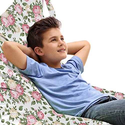 Lunarable Roses Lounger Chair Bag, Gentle Seasonal Garden Inspiration Fresh Petals Rosebuds with Green Leaves, High Capacity Storage with Handle Container, Lounger Size, Pale Pink Green Cream