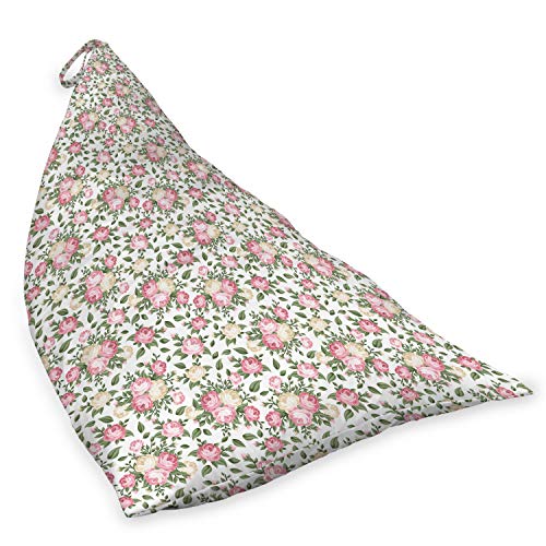 Lunarable Roses Lounger Chair Bag, Gentle Seasonal Garden Inspiration Fresh Petals Rosebuds with Green Leaves, High Capacity Storage with Handle Container, Lounger Size, Pale Pink Green Cream