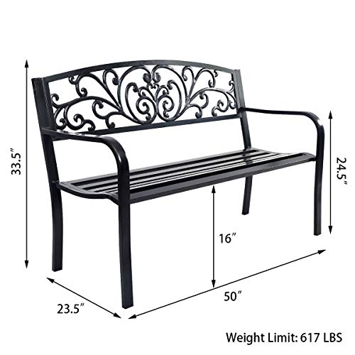 Giantex 50" Patio Garden Bench, Loveseats Park Yard Furniture, Black Steel Cast Iron Frame Chair, Metal Bench Outdoor with Floral Scroll Pattern