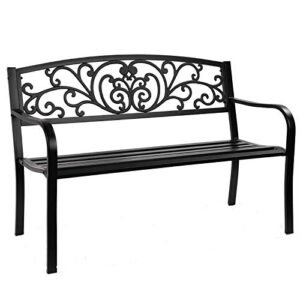 giantex 50″ patio garden bench, loveseats park yard furniture, black steel cast iron frame chair, metal bench outdoor with floral scroll pattern