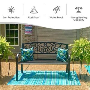 Giantex 50" Patio Garden Bench, Loveseats Park Yard Furniture, Black Steel Cast Iron Frame Chair, Metal Bench Outdoor with Floral Scroll Pattern