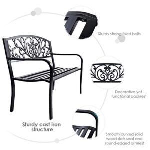 Giantex 50" Patio Garden Bench, Loveseats Park Yard Furniture, Black Steel Cast Iron Frame Chair, Metal Bench Outdoor with Floral Scroll Pattern