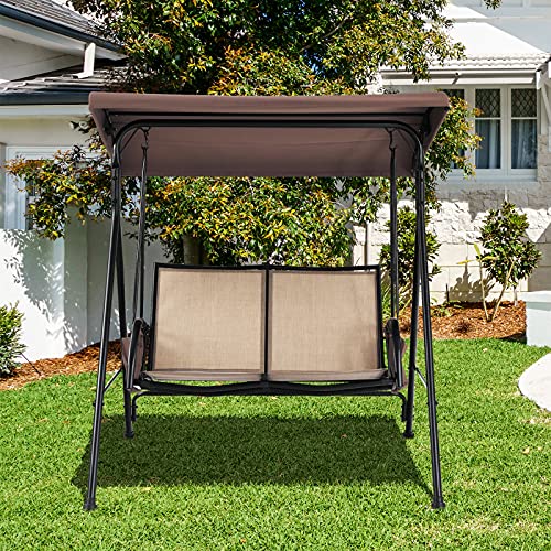 Tangkula 2-Person Patio Swing, Outdoor Porch Swing with Adjustable Canopy & 2 Storage Pocket, Powder-Coated Steel Frame Canopy Swing with Armrest for Garden, Balcony, Backyard