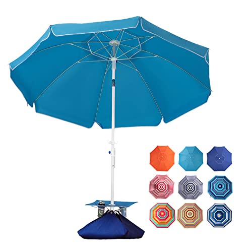 ROWHY 7.5FT Beach Umbrella with Cup Holder and Sand Bags Portable Outdoor Heavy Duty Sunshade Umbrella with Sand Anchor & Tilt System, Wind Resistant for Sand, Beach,Patio,Yard, Classic SKY BLUE