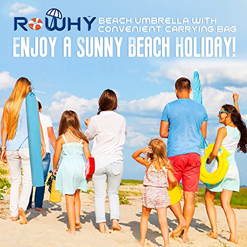 ROWHY 7.5FT Beach Umbrella with Cup Holder and Sand Bags Portable Outdoor Heavy Duty Sunshade Umbrella with Sand Anchor & Tilt System, Wind Resistant for Sand, Beach,Patio,Yard, Classic SKY BLUE