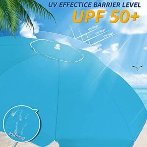 ROWHY 7.5FT Beach Umbrella with Cup Holder and Sand Bags Portable Outdoor Heavy Duty Sunshade Umbrella with Sand Anchor & Tilt System, Wind Resistant for Sand, Beach,Patio,Yard, Classic SKY BLUE