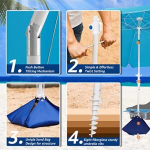 ROWHY 7.5FT Beach Umbrella with Cup Holder and Sand Bags Portable Outdoor Heavy Duty Sunshade Umbrella with Sand Anchor & Tilt System, Wind Resistant for Sand, Beach,Patio,Yard, Classic SKY BLUE