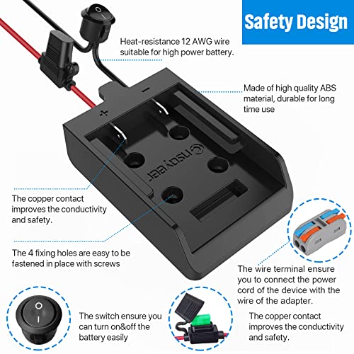 Power Wheel Adapter with Fuse&Switch for Dewalt 20V Battery, Non-Blown Tight Battery Adapter with 4Pcs 30A Fuse and Wire Terminal, 12 AWG Wire, DIY Use for Truck, Robotics, RC Toys and Work Lights