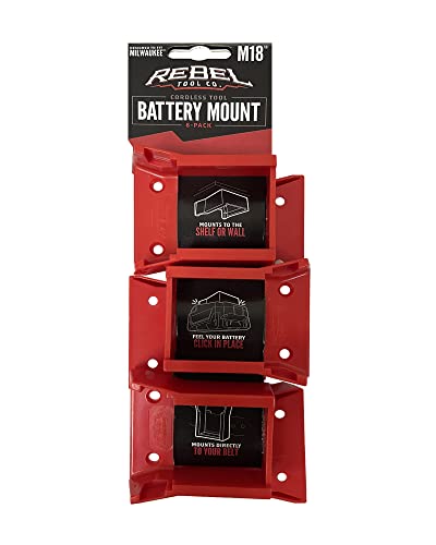 RebelToolCo Battery Holder Wall Mount (6 Pack) Battery Holder Mounts. Compatible with M18 Milwaukee Cordless Batteries. Tool Holder Storage Organizer for Battery, Accessories, & Tool Organization.